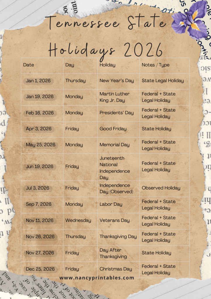 Tennessee State Holidays 2026 (2)