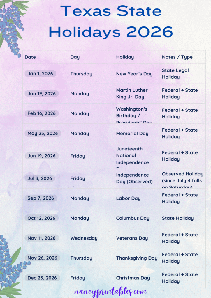 Texas State Holidays 2026 (2)