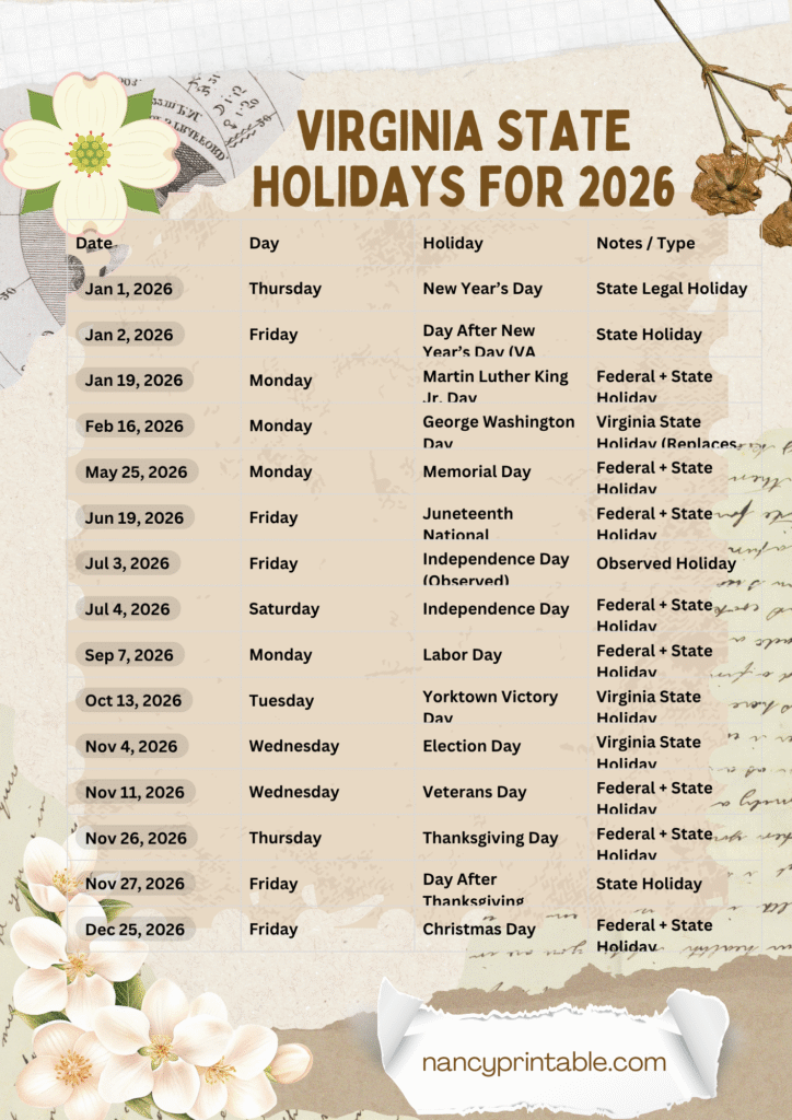Virginia State Holidays for 2026 (2)