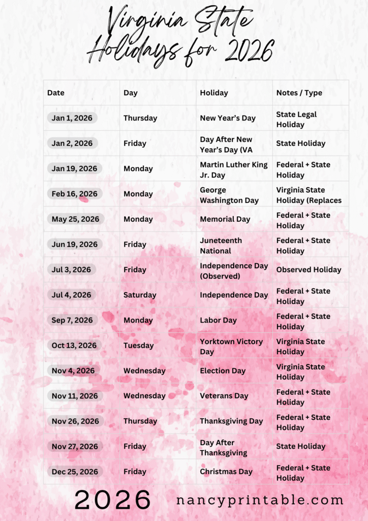 Virginia State Holidays for 2026