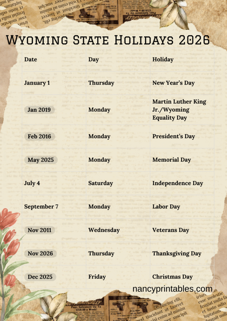 Wyoming State Holidays 2026 (2)