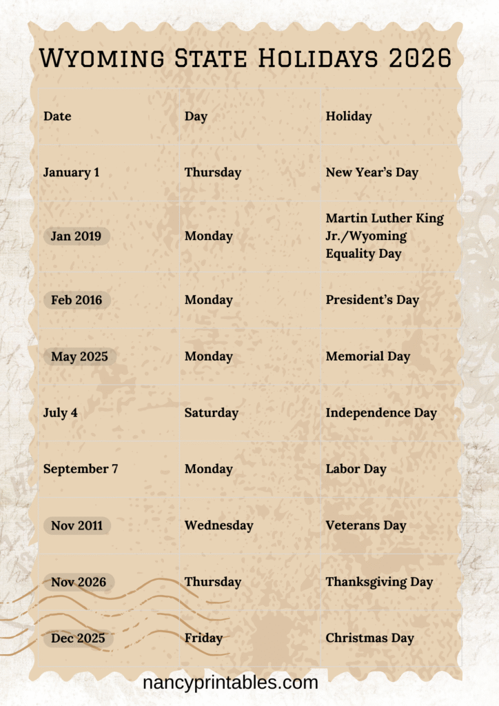 Wyoming State Holidays 2026 (3)