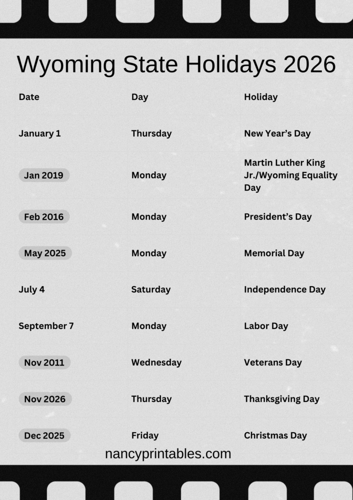 Wyoming State Holidays 2026